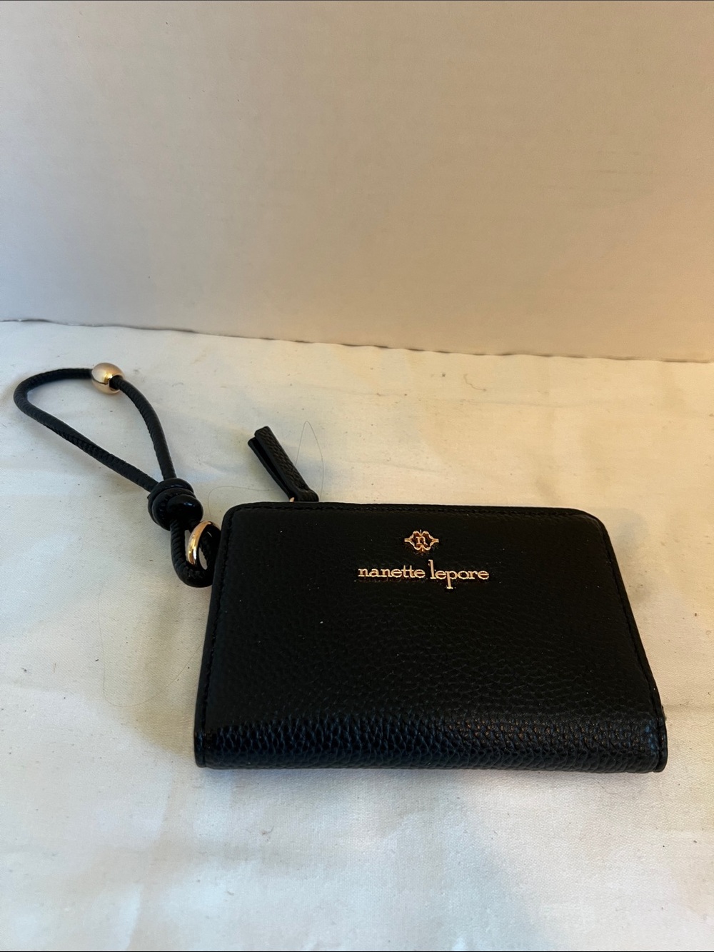 Nanette Lepore Black Leather Wristlet Card Holder with Gold Logo